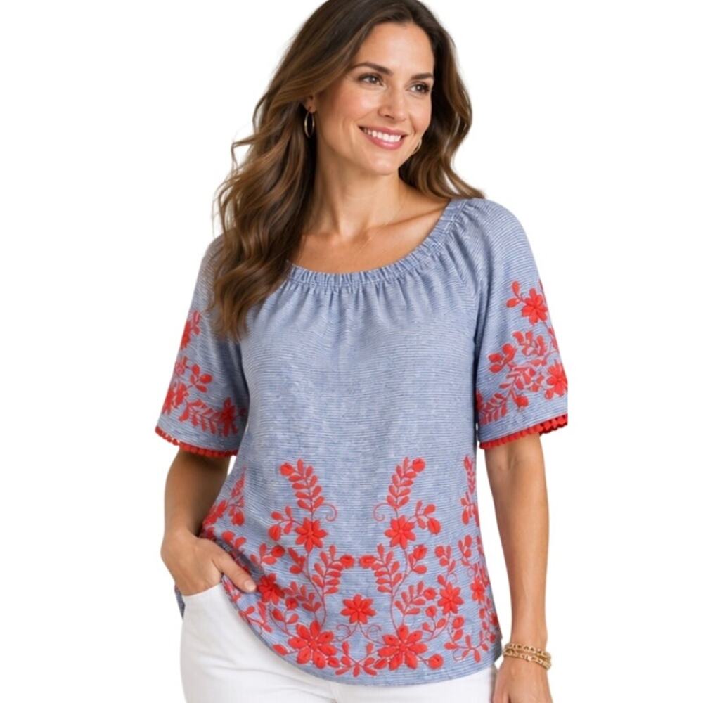Talbots Blue Striped Red Floral Embroidered Peasant Blouse, Cotton, Small